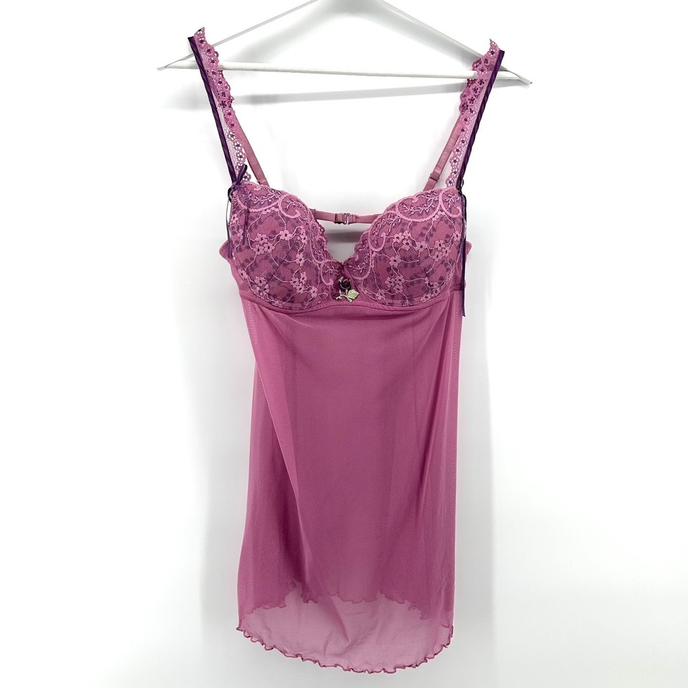 Pink‎ Sheer Lace Babydoll Slip Dress Womens L Coquette Y2K Mesh Camisole Mini